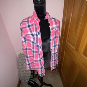Eddie Bauer XXL pink white orange and blue woman’s flannel